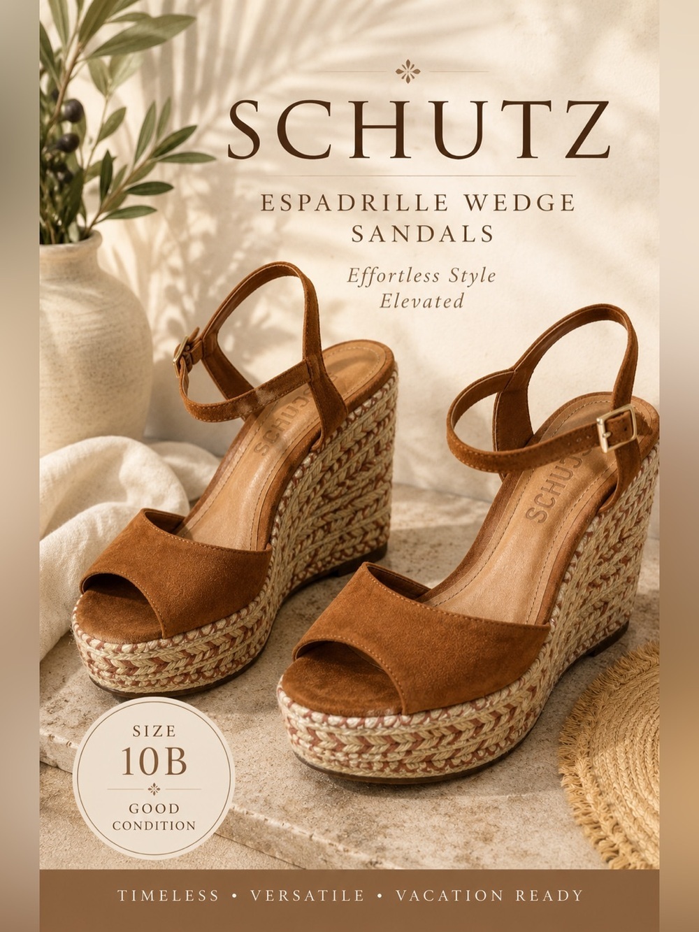 Schutz Brown Suede Espadrille Platform Wedge Sandals Ankle Strap Size 10B